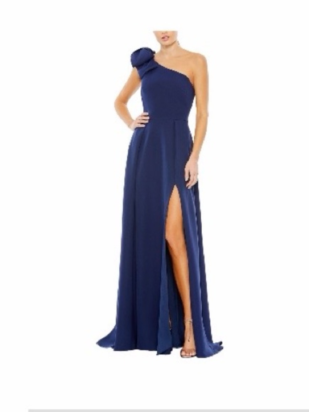 Mac Duggal Midnight Blue One-Shoulder Evening Gown with Rosette.